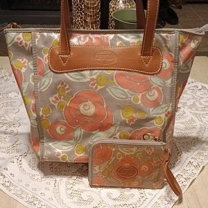Fossil Floral Key-Per Coated Canvas Tote and Wallet - Grey With Coral Roses